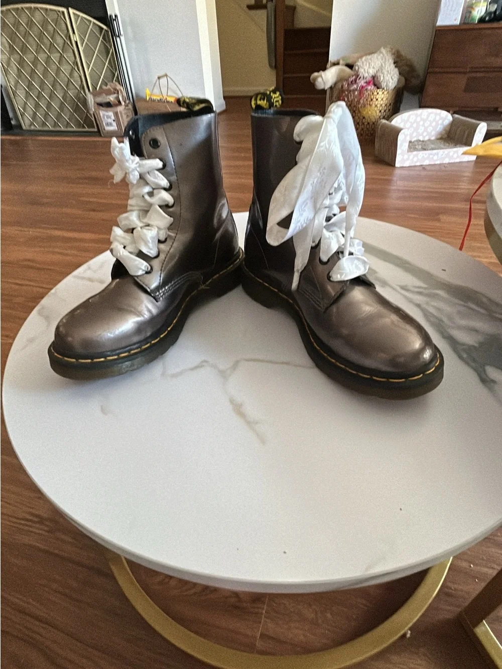 Dr. Martens metallic Gray Leather Combat Boots with White Laces - Picture 2 of 7